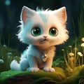 Cute little white kitten with green eyes sitting on a log in the grass. Generative AI.