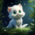 White kitten sitting in the grass with green eyes. 3d rendering. Generative AI.