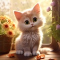 Cute red kitten sitting on the windowsill next to flowers. Generative AI.