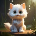 Cute white cat with green eyes sitting in the garden at sunset. Generative AI.