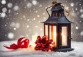 User Christmas Lantern Glowing On Wooden Table With Decoration And String Lights - Bokeh And Glittering Effect On Background