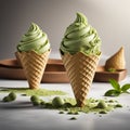 Matcha gelato, delicious refreshing frozen ice cream dessert. Cinematic advertising