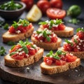 Delicious bruschetta with the crispy toasted bread juicy tomato topping, bursting with freshness