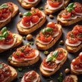 Delicious bruschetta with the crispy toasted bread juicy tomato topping, bursting with freshness
