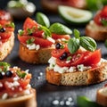 Delicious bruschetta with the crispy toasted bread juicy tomato topping, bursting with freshness