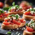 Delicious bruschetta with the crispy toasted bread juicy tomato topping, bursting with freshness