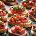 Delicious bruschetta with the crispy toasted bread juicy tomato topping, bursting with freshness