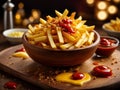 Delicious french fries on wooden bowl. The golden brown sticks of potato, food