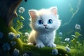 White kitten with blue eyes in the grass. 3D rendering. Generative AI.