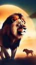 Lion in the savannah wallpapers for I pad, Notebook cover, I phone, tab mobile high quality images. Royalty Free Stock Photo