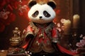 Panda bear in chinese traditional costume. New Year card. Generative AI.