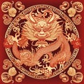 Golden dragon on a red background. Chinese zodiac symbol. Generative AI.