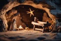 User Christian Christmas scene with empty wooden manger, star of Bethlehem in cave Royalty Free Stock Photo