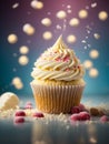 Delicious vanilla cupcake, whispered snow, swirl of creamy white frosting graces the top