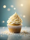 Delicious vanilla cupcake, whispered snow, swirl of creamy white frosting graces the top