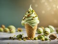 Delicious pistachio gelato ice cream cone, the crisp waffle cone whispers