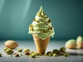 Delicious pistachio gelato ice cream cone, the crisp waffle cone whispers