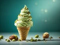 Delicious pistachio gelato ice cream cone, the crisp waffle cone whispers Royalty Free Stock Photo