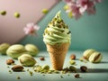 Delicious pistachio gelato ice cream cone, the crisp waffle cone whispers