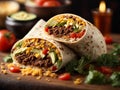 Delicious burrito, soft, pliable masterpiece of tortilla, cinematic food photography