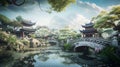 3D render of a beautiful Japanese garden with a bridge and a pond.
