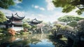 Japanese garden with a pond and a bridge in the background, panorama.