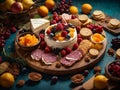 Delicious dessert and appetisers Charcuterie board, ideal dish to start the happy dinner Royalty Free Stock Photo