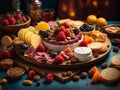 Delicious dessert and appetisers Charcuterie board, ideal dish to start the happy dinner Royalty Free Stock Photo