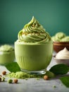 Italian matcha green tea gelato ice cream in waffle cone with studio lighting Royalty Free Stock Photo