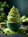 Italian matcha green tea gelato ice cream in waffle cone with studio lighting Royalty Free Stock Photo