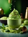 Italian matcha green tea gelato ice cream in waffle cone with studio lighting Royalty Free Stock Photo