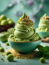 Italian matcha green tea gelato ice cream in waffle cone with studio lighting Royalty Free Stock Photo