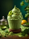 Italian matcha green tea gelato ice cream in waffle cone with studio lighting Royalty Free Stock Photo