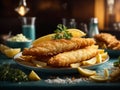 Classic British fish and chips, perfectly crispy and flavorful batter, cinematic