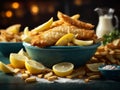 Classic British fish and chips, perfectly crispy and flavorful batter, cinematic