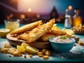 Classic British fish and chips, perfectly crispy and flavorful batter, cinematic