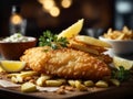 Classic British fish and chips, perfectly crispy and flavorful batter, cinematic