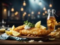 Classic British fish and chips, perfectly crispy and flavorful batter, cinematic