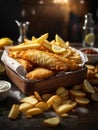 Classic British fish and chips, perfectly crispy and flavorful batter, cinematic