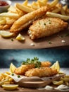 Classic British fish and chips, perfectly crispy and flavorful batter, cinematic