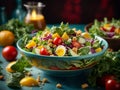 Delicious healthy salad in cinematic view, studio lighting and background Royalty Free Stock Photo