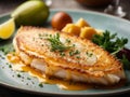 Classic French Sole meuniere, sol filets are cooked and served in a rich, buttery sauce Royalty Free Stock Photo