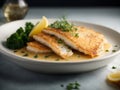 Classic French Sole meuniere, sol filets are cooked and served in a rich, buttery sauce