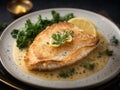 Classic French Sole meuniere, sol filets are cooked and served in a rich, buttery sauce Royalty Free Stock Photo