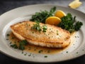 Classic French Sole meuniere, sol filets are cooked and served in a rich, buttery sauce Royalty Free Stock Photo