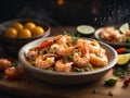 Spanish Gambas al ajillo, tender shrimp cooked with garlic, sherry, parsley and lemon