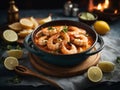 Spanish Gambas al ajillo, tender shrimp cooked with garlic, sherry, parsley and lemon