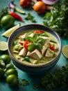 Thai green curry with chicken, canned coconut milk, fresh herbs, and lime