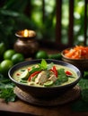 Thai green curry with chicken, canned coconut milk, fresh herbs, and lime