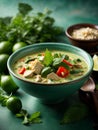 Thai green curry with chicken, canned coconut milk, fresh herbs, and lime